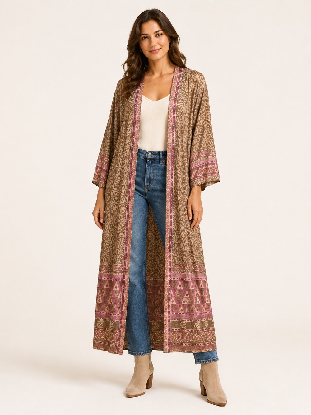 Boho Chic Handcrafted Block Print Maxi Kimono Duster Robe NWT #152